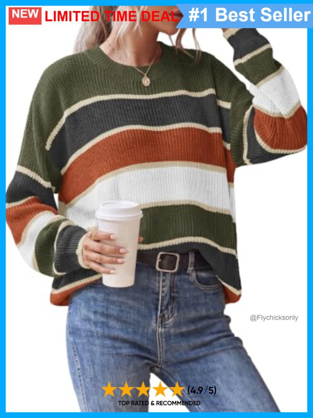 Oversized Striped Knit Pullover Sweater Crew Neck Long Sleeve Casual Fall